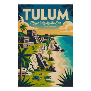 Póster Arte de cartel de viaje retro de Tulum México