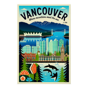 Póster Arte de cartel de viaje retro de Vancouver Canadá