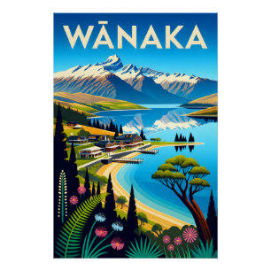 Póster Arte de cartel de viaje retro de Wānaka Nueva Zela