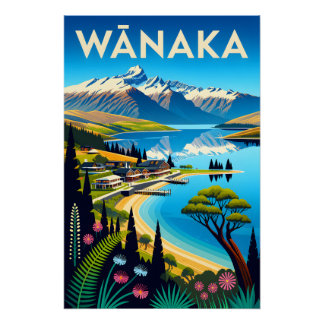 Póster Arte de cartel de viaje retro de Wānaka Nueva Zela