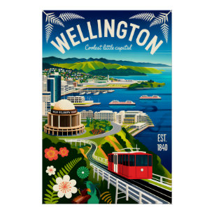 Póster Arte de cartel de viaje retro de Wellington Nueva 