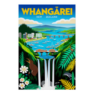 Póster Arte de cartel de viaje retro de Whangārei Nueva Z