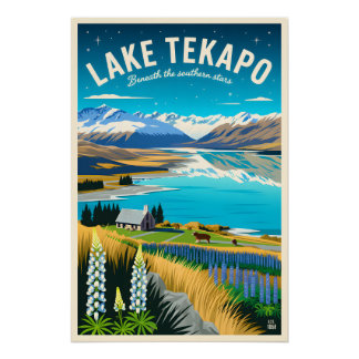 Póster Arte de cartel de viaje retro del lago Tekapo Nuev