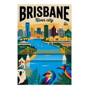 Póster Arte de cartel retro de viaje a Brisbane Australia