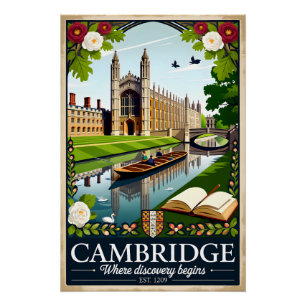 Póster Arte de cartel retro de viaje a Cambridge Inglater