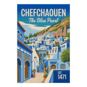 Póster Arte de cartel retro de viaje a Chefchaouen Marrue