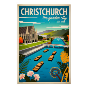 Póster Arte de cartel retro de viaje a Christchurch Nueva
