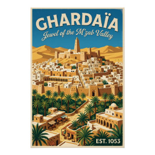 Póster Arte de cartel retro de viaje a Ghardaïa Argelia