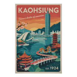 Póster Arte de cartel retro de viaje a Kaohsiung Taiwán