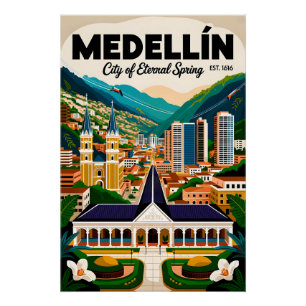 Póster Arte de cartel retro de viaje a Medellín Colombia