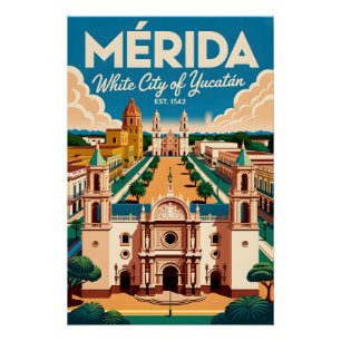 Póster Arte de cartel retro de viaje a Mérida México