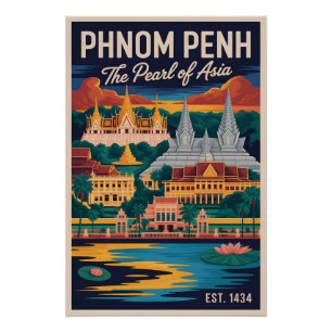 Póster Arte de cartel retro de viaje a Phnom Penh Camboya