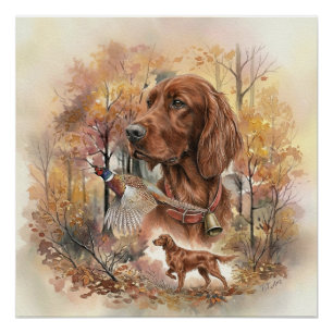 Póster Arte de caza de Setter Irlandés y faisán de otoño