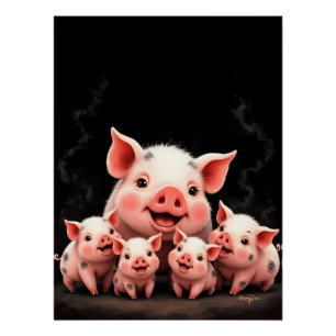 Póster Arte de cerdo – Madre cerdo y cerditos