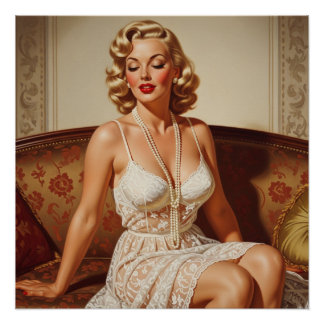 Póster Arte de chica pin-up rubia hermosa de los 50
