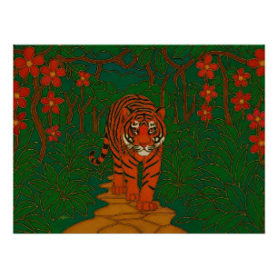 Póster Arte de cloisonne Tigre en el camino de la selva