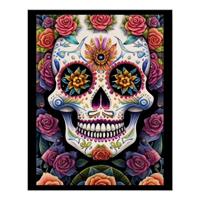 Póster Arte de Cráneo de Azúcar - Calavera floral Dia de  (Anverso)