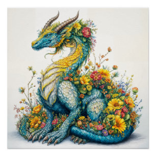 Póster Arte de Dragón Floral Caprichoso
