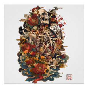 Póster Arte de esqueleto japonés   Cráneo floral gótico