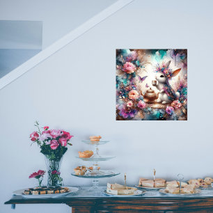 Póster Arte de fantasía Conejo en fiesta del té con acuar