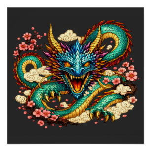 Póster Arte de fantasía del dragón oriental y flores de c
