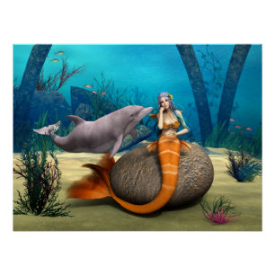 Póster Arte de Fantasía Subacuática de Sirena Delfín Soña