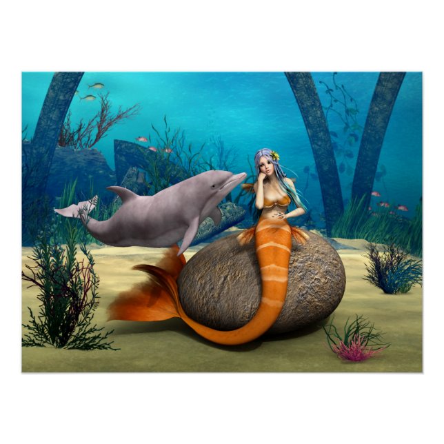 Póster Arte de Fantasía Subacuática de Sirena Delfín Soña (Anverso)
