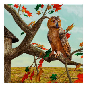 Póster Arte de fauna del arce de búho de otoño