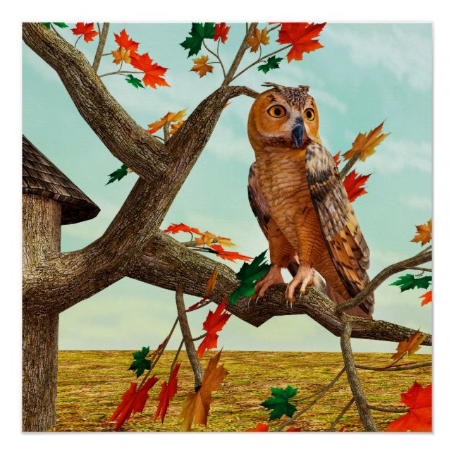 Póster Arte de fauna del arce de búho de otoño (Anverso)