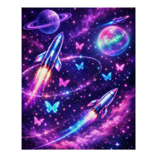 Póster Arte de Galaxia Mariposa Espacio Neon