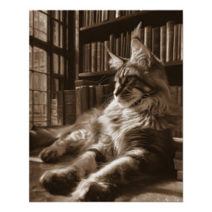 Póster Arte de gato Maine Coon sepia regio en la bibliote