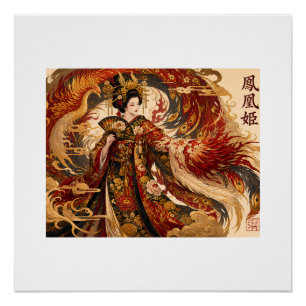 Póster Arte de Geisha del Fénix Japonés Diseño de Mitol