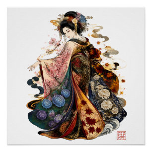 Póster Arte de Geisha Japonesa Kimono y Flores de Tempo