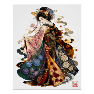 Póster Arte de Geisha Japonesa Kimono y Flores de Tempo