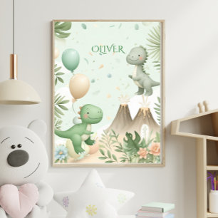 Póster Arte de guardería infantil de dinosaurio de acuare