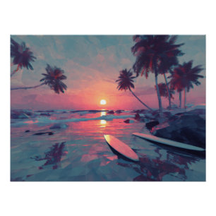 Póster Arte de Isla de Atardecer Retro Soñador