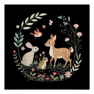 Póster Arte de jardín Cottagecore de animales del bosque
