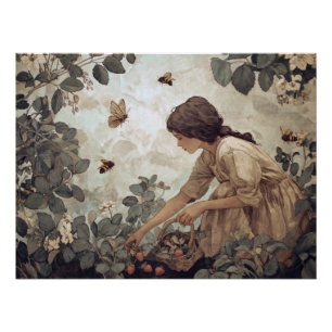 Póster Arte de jardín de mariposas de niña en sepia vinta