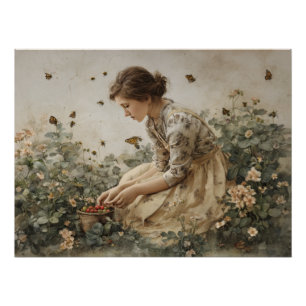 Póster Arte de jardín de niña vintage en flor