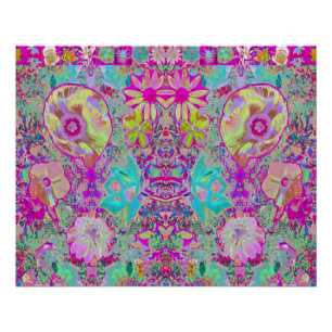 Póster Arte de jardín magenta y aqua abstracto psicodélic
