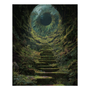 Póster Arte de la escalera del bosque lunar verde místico