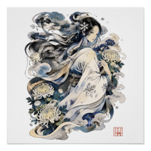 Póster Arte de la mujer de nieve japonesa Yokai de invi