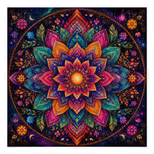 PÓSTER ARTE DE MANDALA FLORAL TONO JOYA CÓSMICA