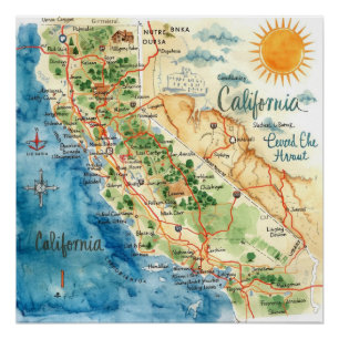 Póster Arte de mapa de viaje de California en acuarela vi