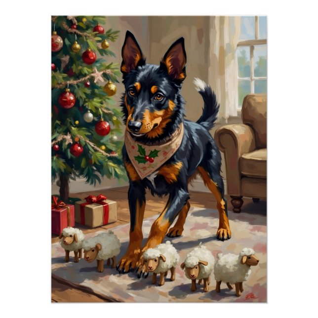 Póster Arte de Navidad de Australian Kelpie Pastoreando (Anverso)