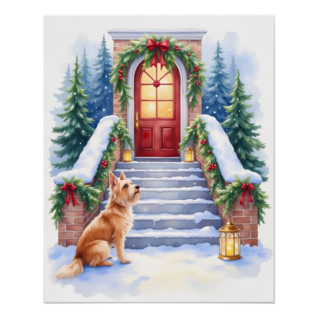 Póster Arte de Navidad de escalera nevada con Terrier Ces (Anverso)