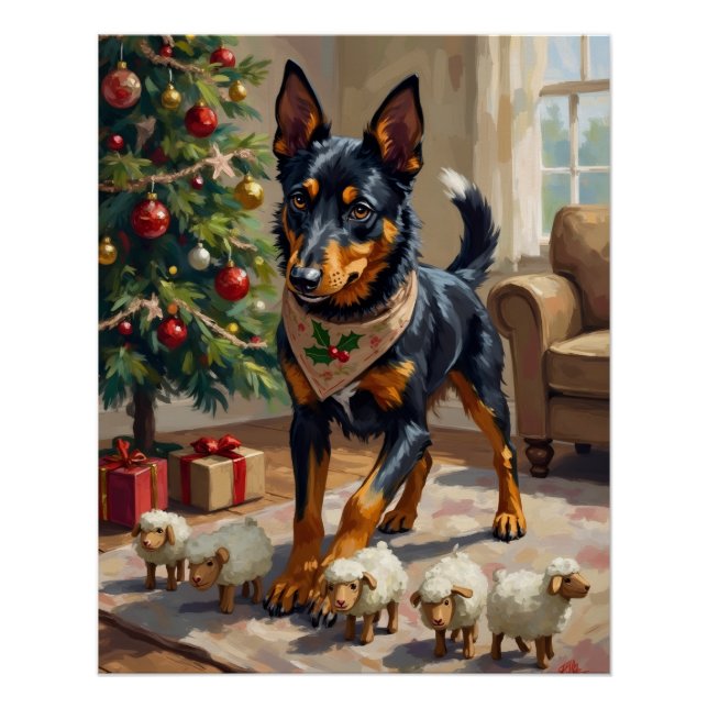 Póster Arte de Navidad de Pastoreo de Kelpie Australiano (Anverso)