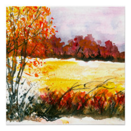 Póster Arte de paisaje abstracto acuarela Árboles de otoñ