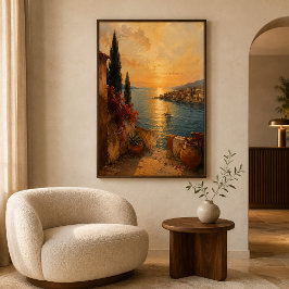 Póster Arte de paisaje costero mediterráneo de puesta de