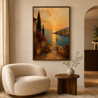 Póster Arte de paisaje costero mediterráneo de puesta de 